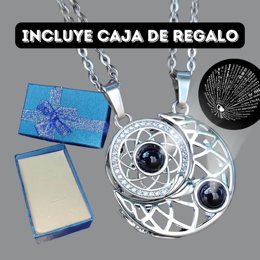 COLLAR SOL Y LUNA TE AMO 100 IDIOMAS (2 POR EL PRECIO DE 1) + CAJA DE REGALO